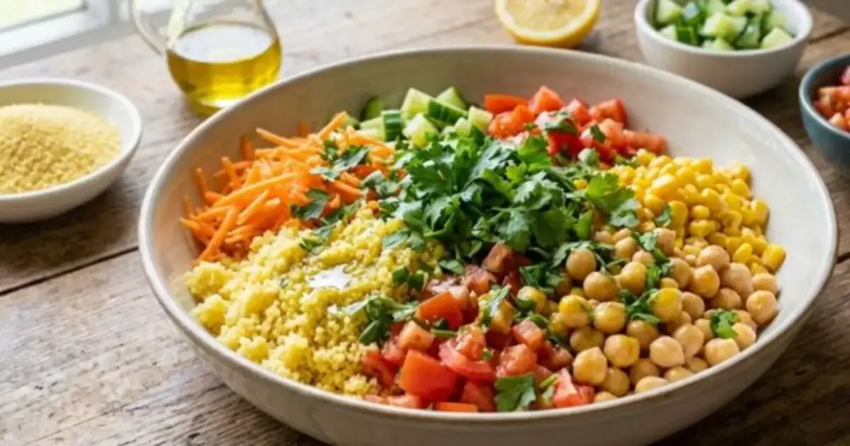 Salada de cuscuz, legumes e grãos combina praticidade e variedade
