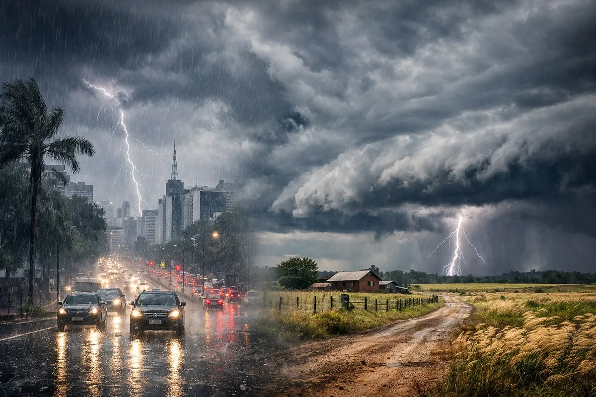 Frente fria leva chuva forte e temporais a Sul, Sudeste e Centro-Oeste