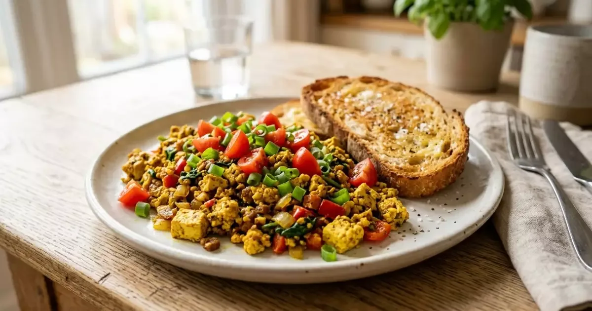 Tofu mexido com cúrcuma e legumes fica pronto em uma frigideira