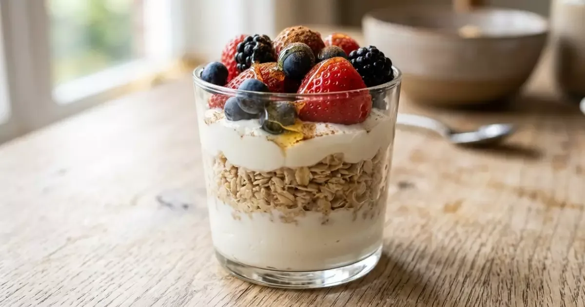 Parfait de iogurte grego com frutas vermelhas fica pronto em dez minutos