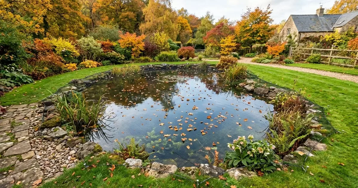Rede sobre lago ornamental reduz folhas na água durante o outono