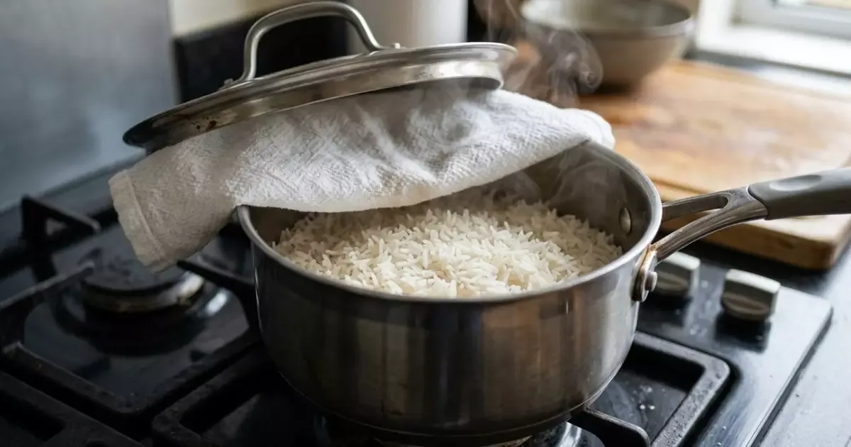 Pano sob a tampa ajuda a deixar o arroz mais soltinho após o cozimento
