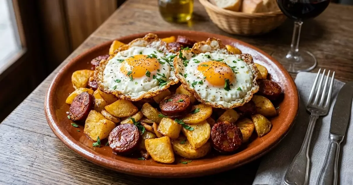 Alho e gordura do chouriço intensificam ovos com batatas