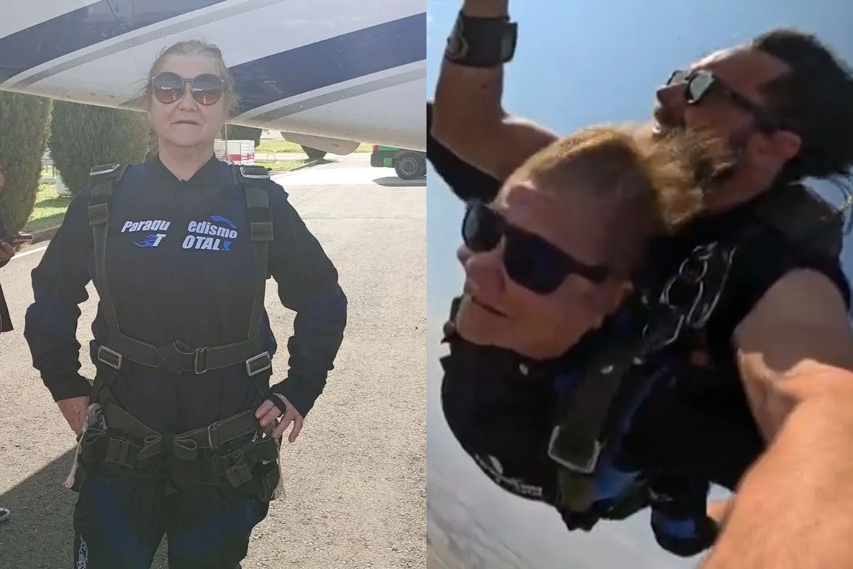 Aos 67 anos, mulher realiza sonho de saltar de paraquedas no Paraná