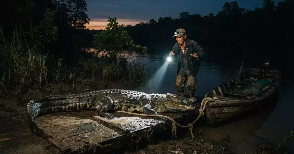 Crocodilo bloqueia corda de barco e faz pescador abandonar rampa